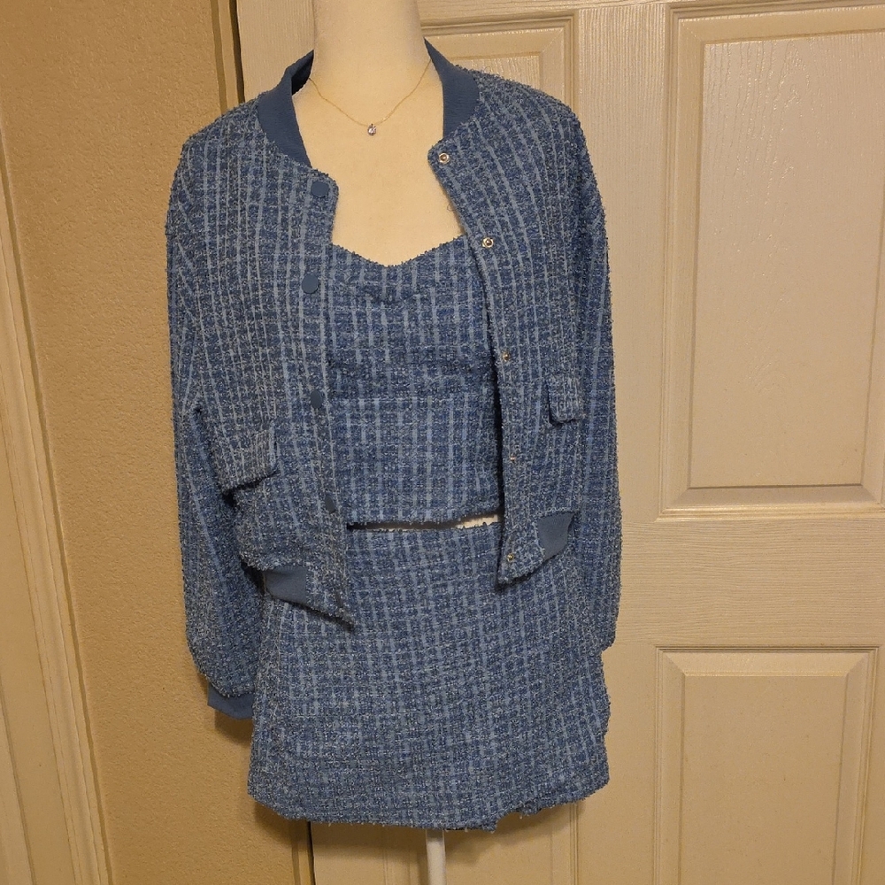 Sporty Blue Tweed Like Jacket, Skirt plus Top 3pcSet